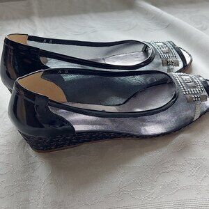 Roberto Capucci Black Patent Mesh Wedge Shoe, Size 8